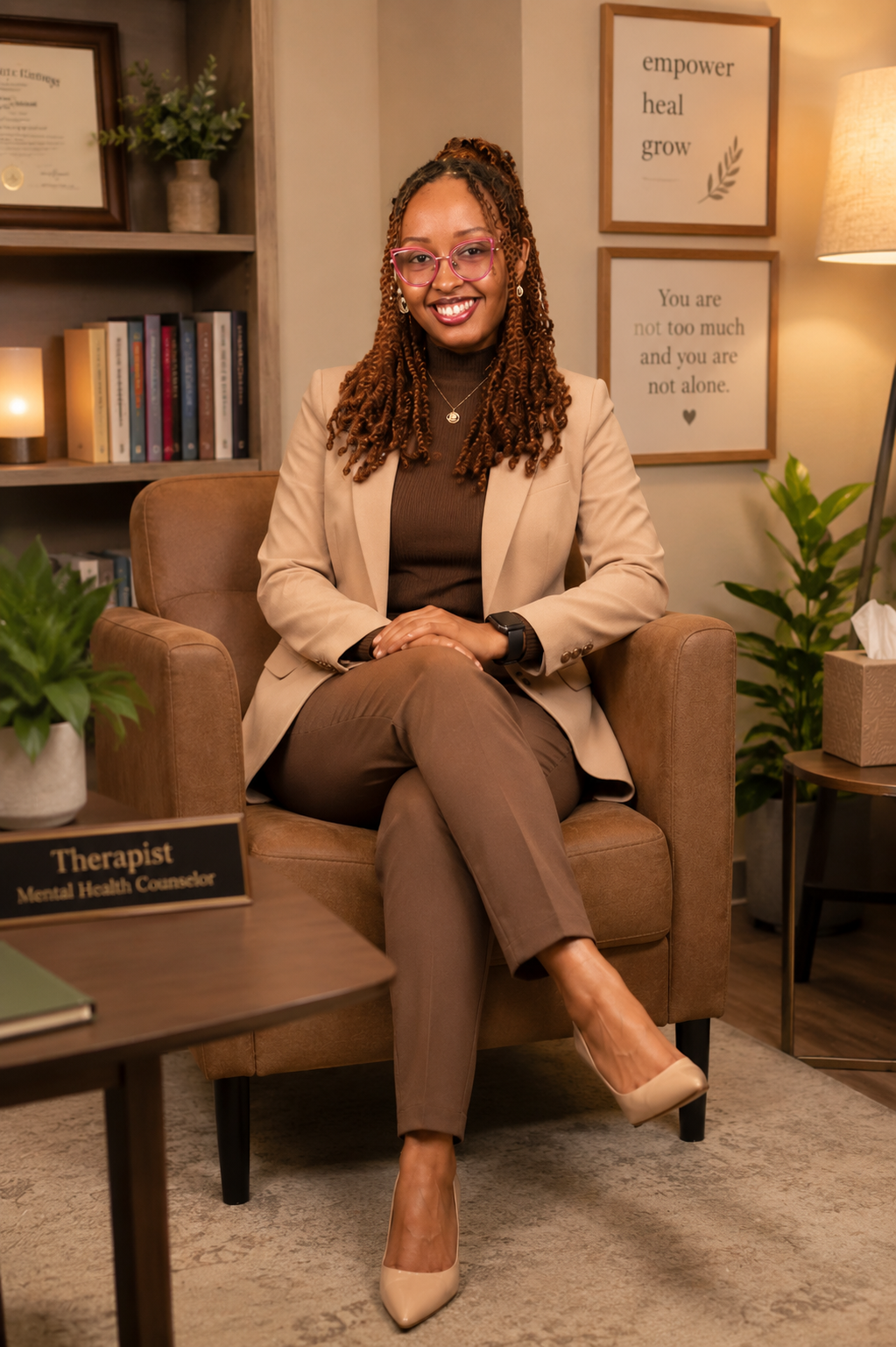 Julie Njeri seated in her therapy room beside a 'Therapist — Mental Health Counselor' nameplate, smiling warmly